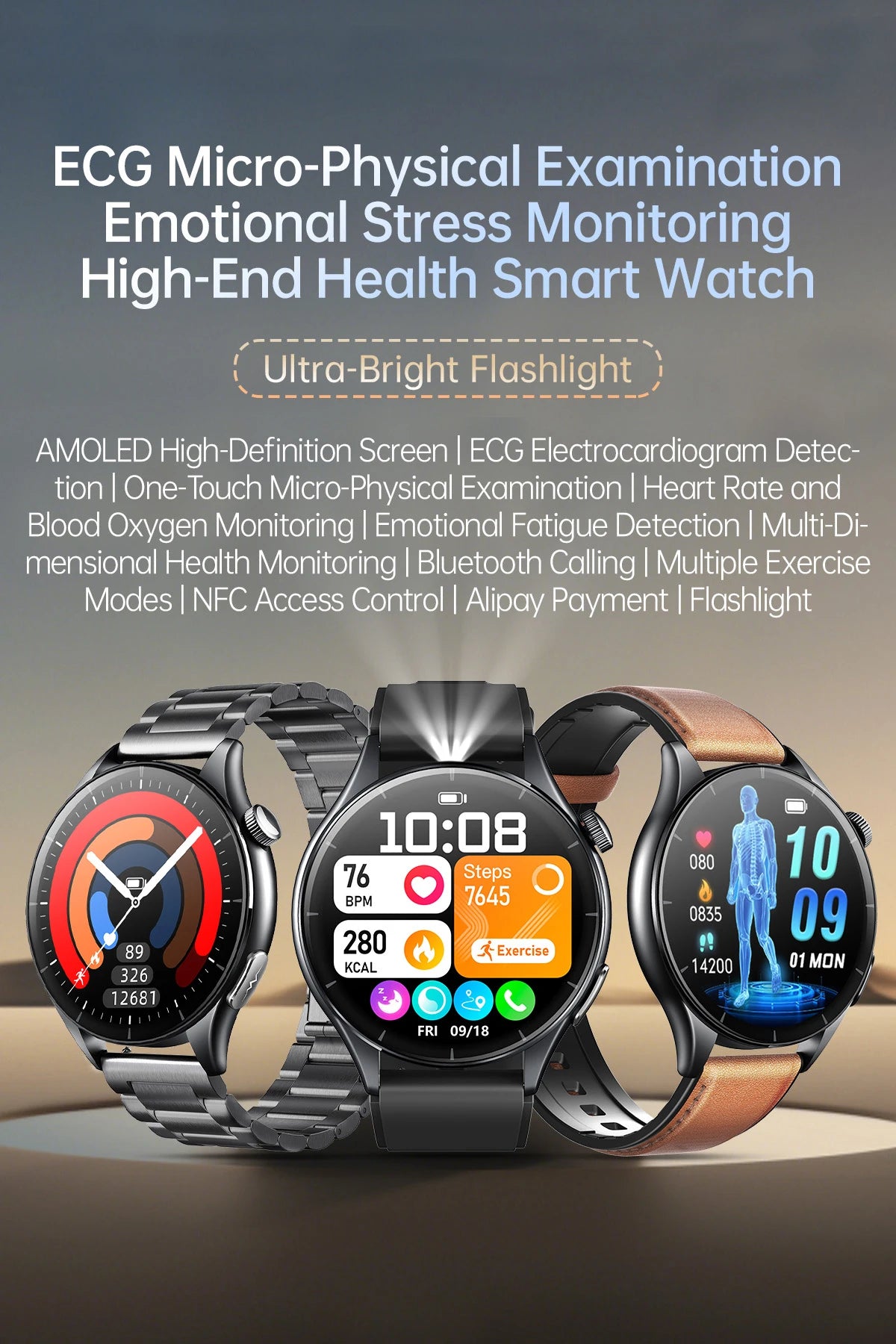2025 New NFC+ECG+PPG Health Smart Watch BMI Fat Heart Rate Blood Pressure Watch 380mAh BT Call IP68 Waterproof Sports Bracelet