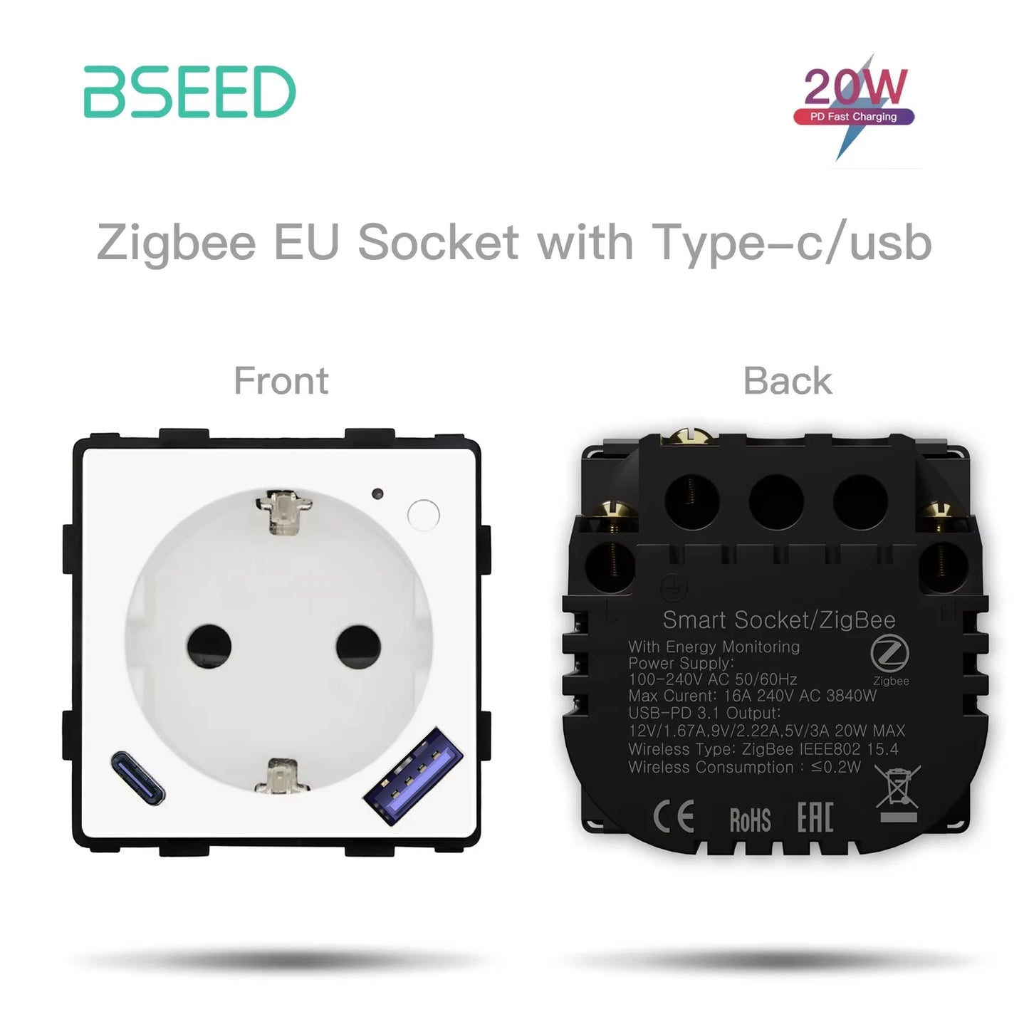 Умная розетка BSEED Zigbee с монитором мощности и разъемом USB Type-C, детали для самостоятельной сборки, быстрая зарядка 20 Вт, управление через приложение Tuya Smart Life и Alexa.