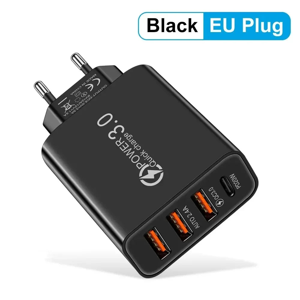 شاحن USB-C متعدد المنافذ بقدرة 60 واط، مزود بـ 4 منافذ، منها 3 منافذ USB PD، يدعم الشحن السريع، وشاحن جداري عالمي للسفر.