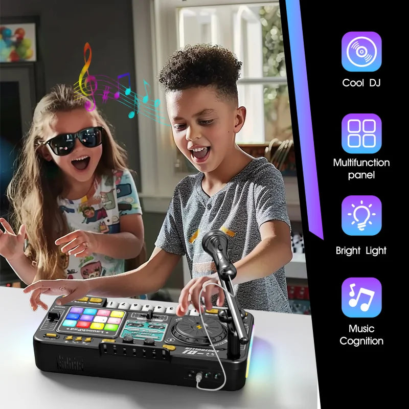 Kid Electricity DJ Mixer with Microphone Electronic Piano Keyboard DJ Turntable Controller Turntable Instrument Kid Birthday Gif