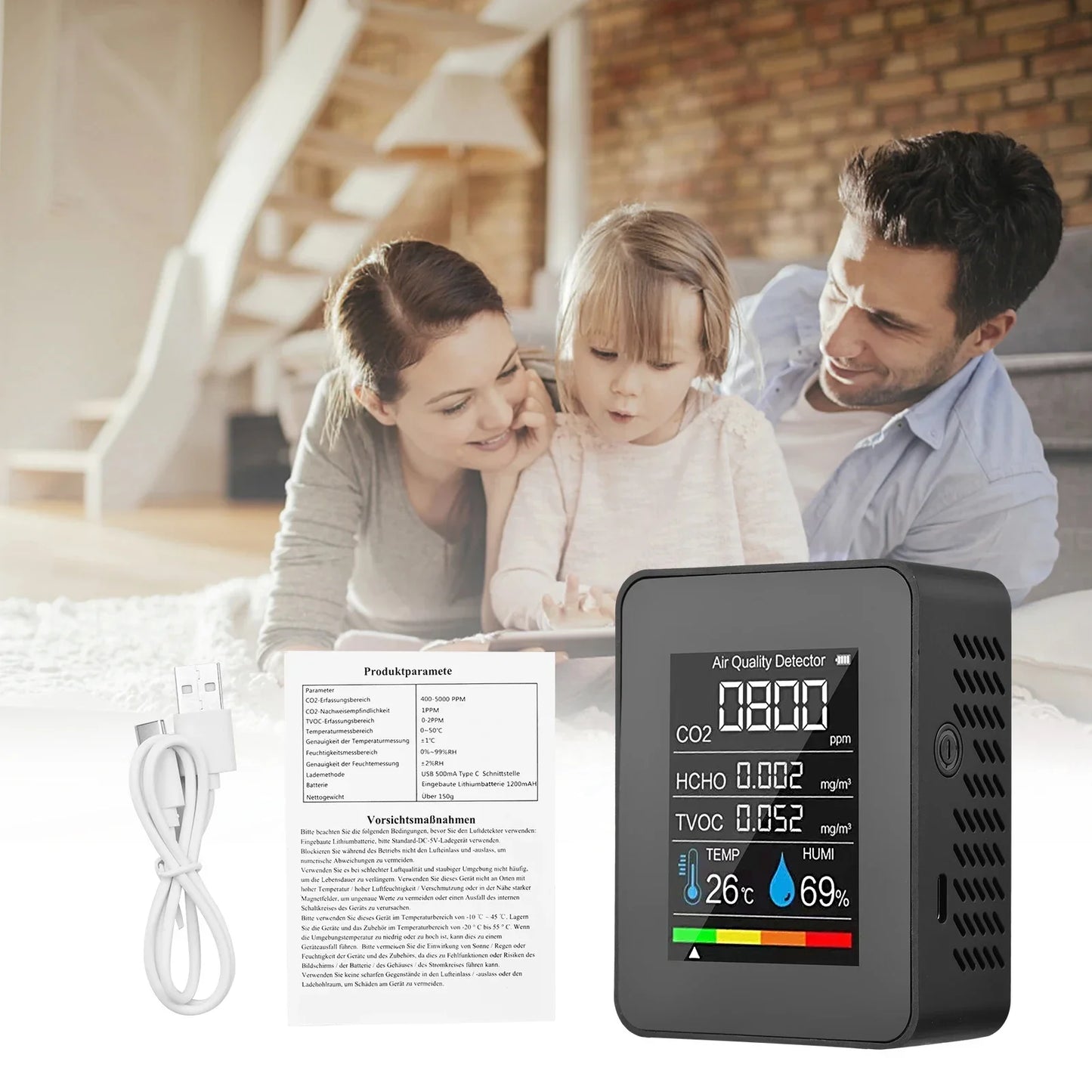 Air quality monitor multifunctional 5in1 CO2 meter digital home temperature humidity tester carbon dioxide HCHO TVOC detector