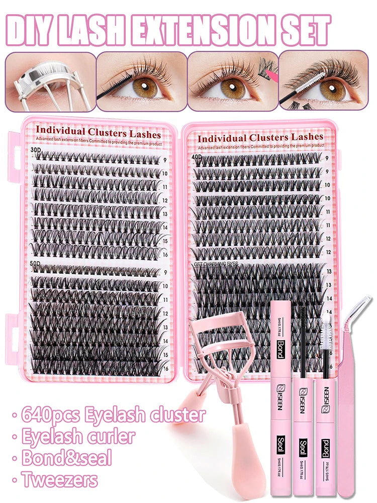 640pcs Individual Lashes DIY False Eyelashes Set Eyelash Extension Kit Lashes Bond and Seal Tweezer Eyelash curler Makeup Tool