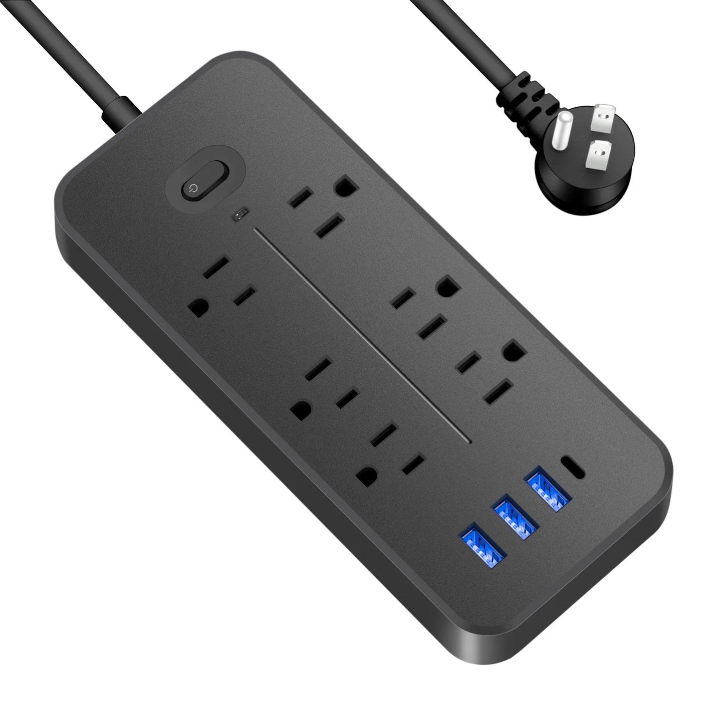 US Power Strip 6 AC Outlets 10A 110v 220v 3 USB Ports Sockets 1 TYPE-C Smart Patch Panel 2000w Black Power Surge Protection Plug
