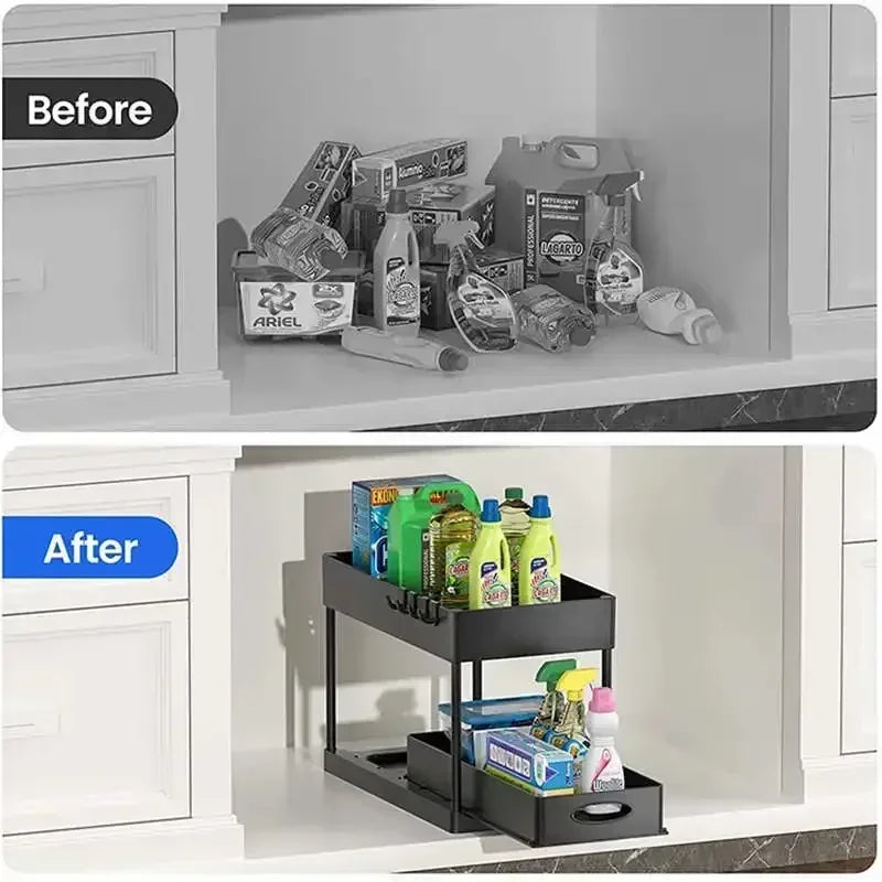 New 2 Tier Under Sink Organizer Sliding Cabinet Basket Organizer Storage Rack with Hooks Hanging Cup Bathroom Kitchen Organizer