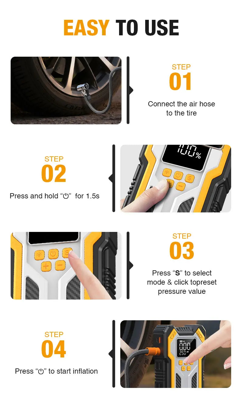 Jump Starter with Air Compressor 7000A Portable Car Battery Booster (9.0 Gas/6.5L Diesel) with 160PSI Auto-Shutoff Tire Inflator