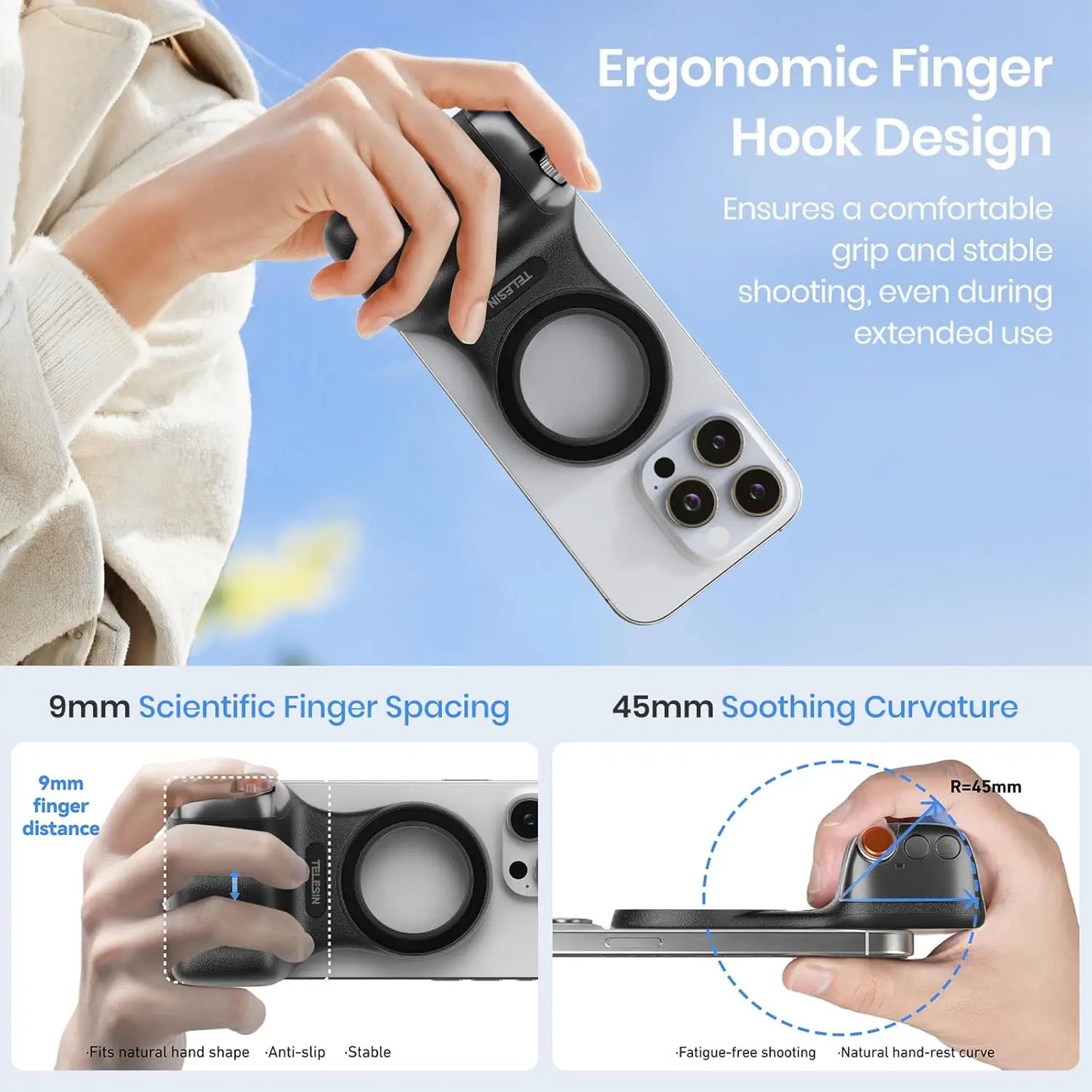 TELESIN Fun Shot Magnetic Phone Camera Grip + C03 Magnetic Selfie Light Bundle Kit Compatible with iPhone & Android
