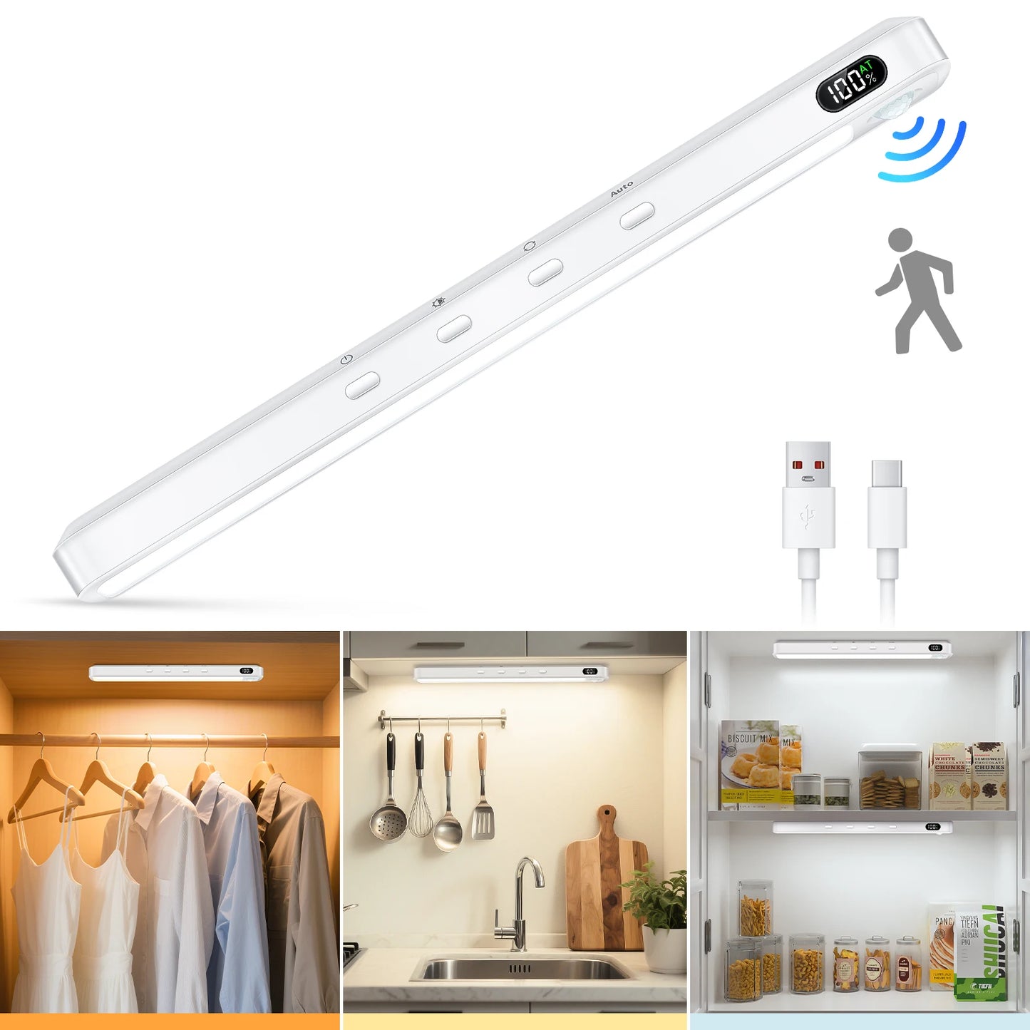 WILLED Rechargeable Motion Sensor Cabinet Light Indoor 3 Colors Dimmable Magnetic Light Bar Night Light for Cabinet Closet Desk
