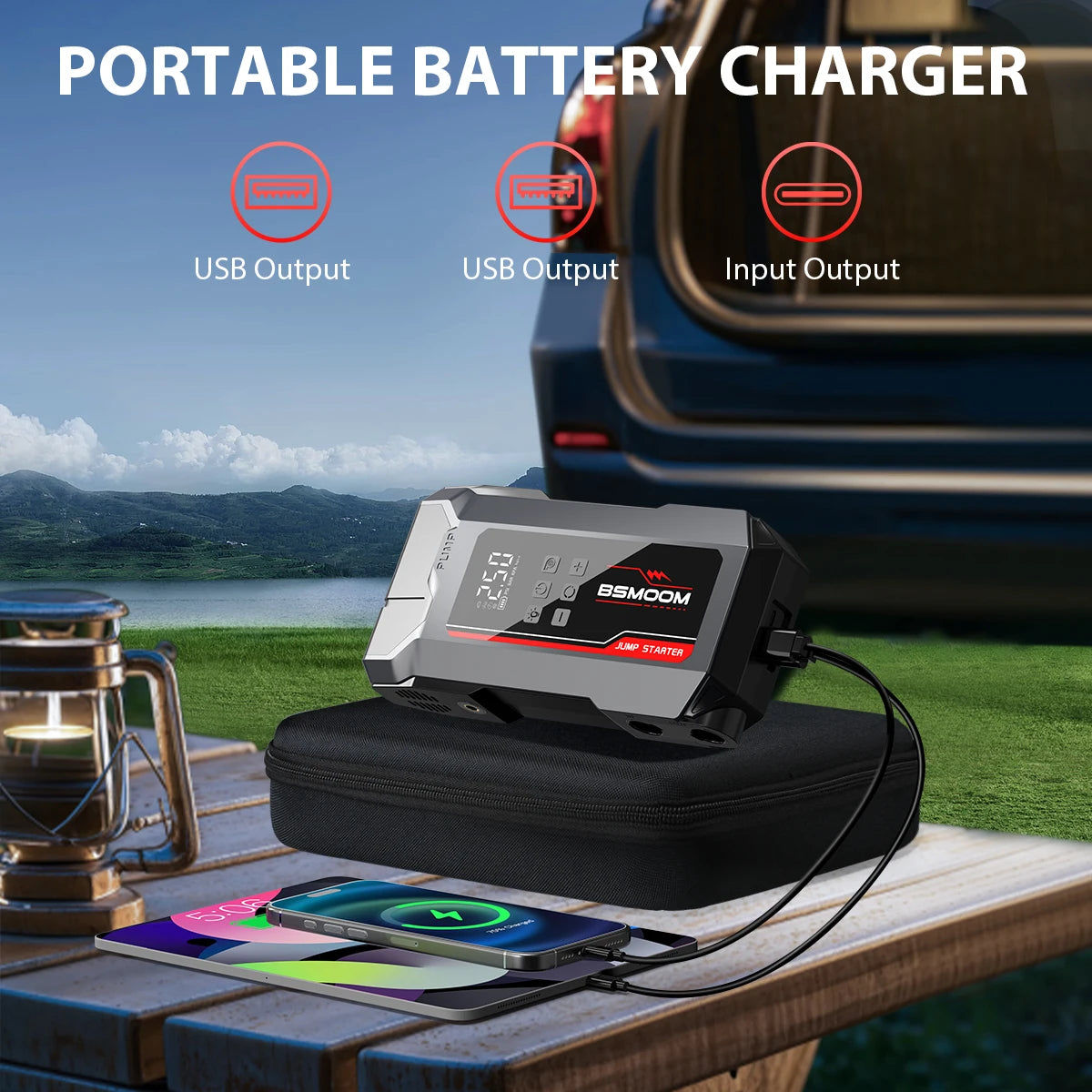 Car Jump Starter 150PSI Air Pump 7000A Portable Auto Emergency Booster with Wireless Tire Inflator Fast Charging Starting Device