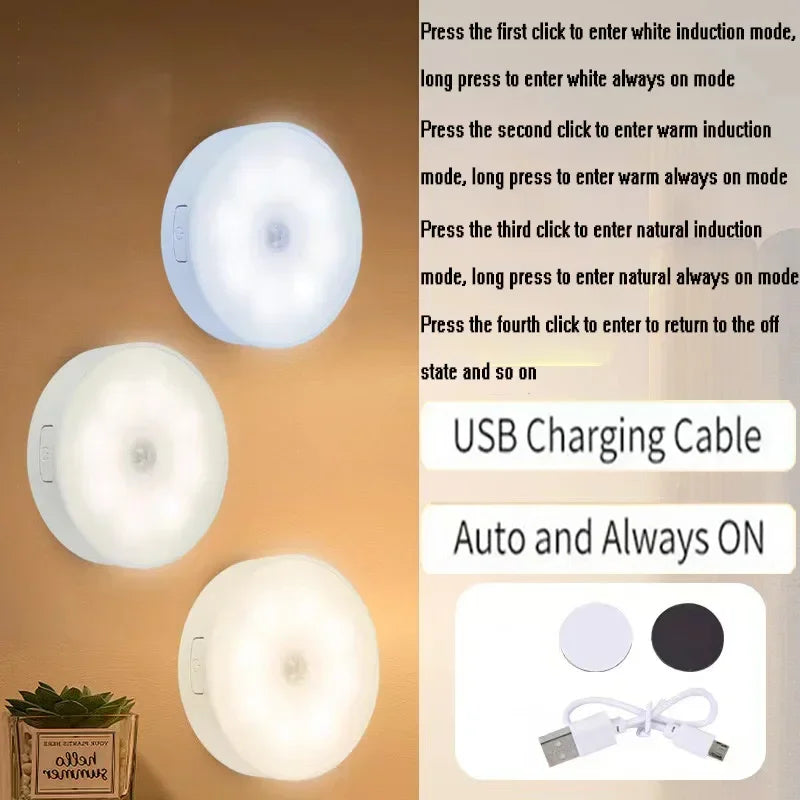 2~6 Pack Motion Sensor LED Night Light USB Rechargeable 3 Color Night Lamp Cabinet Wardrobe Lamp Staircase Wireless Closet Light