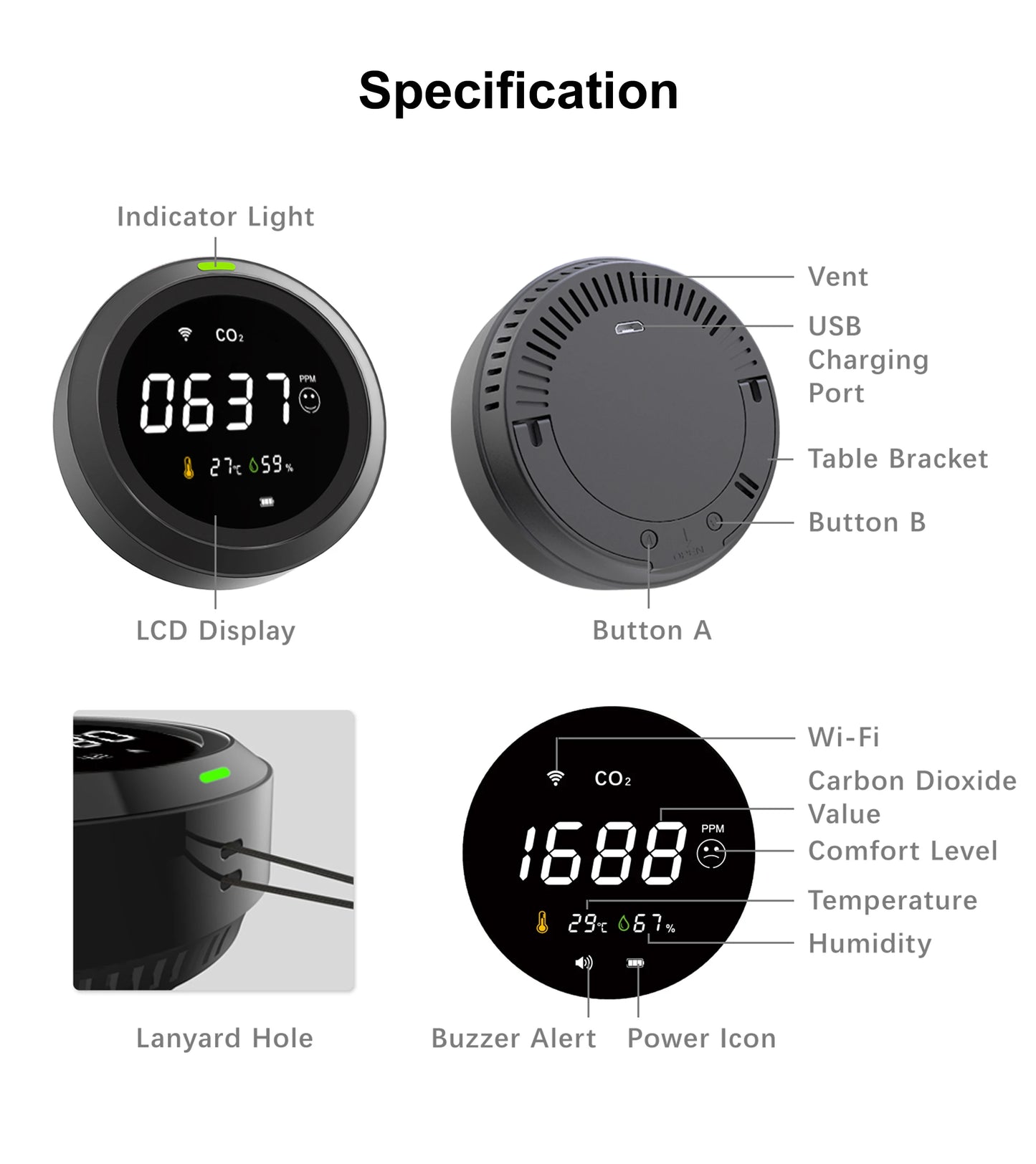 GIRIER Tuya Smart WiFi CO2 Sensor Smart Carbon Dioxide Meter Temperature Humidity Detector Monitor with LCD Screen 3 in 1 Meter