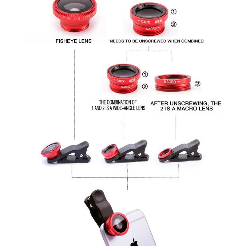 Universal 3 In 1 Fisheye Phone Lens 0.67X Wide Angle Zoom Lens Fish Eye Macro Lens Camera Kit With Phone Clip For iPhone Xiaomi