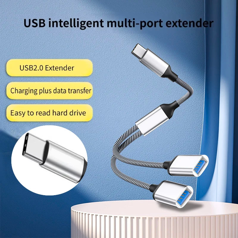 Multi USB C to USB A 2.0 HUB Dual Port Splitter Adapter OTG for Laptop Computer Printer Charging Data Transfer Extension Cable