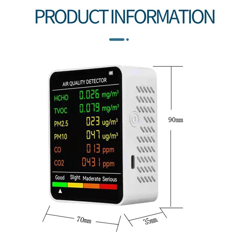 جهاز قياس جودة الهواء 6 في 1: PM2.5، PM10، HCHO، TVOC، CO، CO2، CO2، جهاز مراقبة جودة الهواء، جهاز اختبار جودة الهواء للمنزل والمكتب