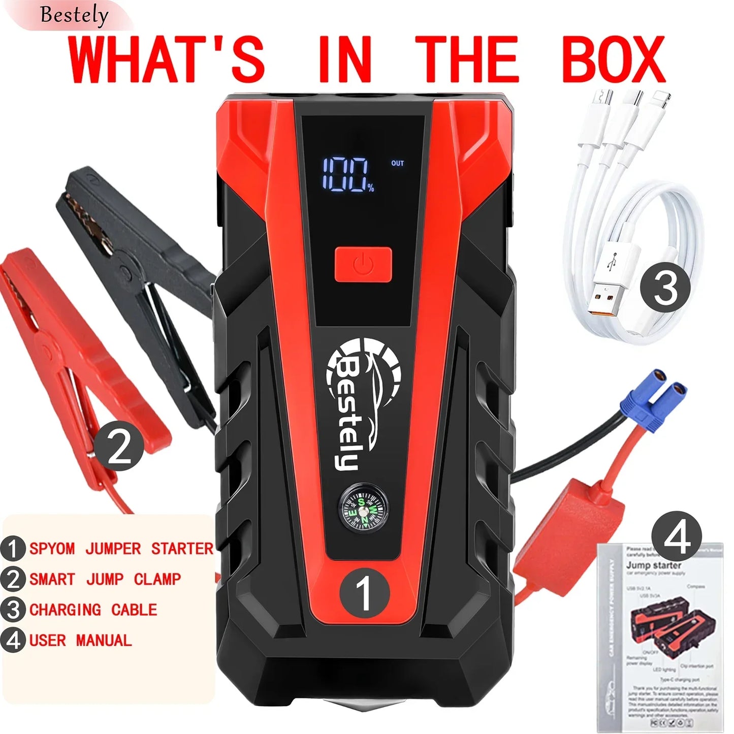 Bestely-12V-99800mAh-3000A Car Jump Starter Car Battery Starters Portable Power Bank 12V Starting Device Petrol Diesel Car