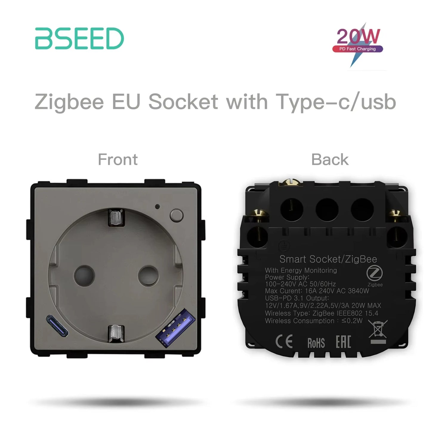 Умная розетка BSEED Zigbee с монитором мощности и разъемом USB Type-C, детали для самостоятельной сборки, быстрая зарядка 20 Вт, управление через приложение Tuya Smart Life и Alexa.