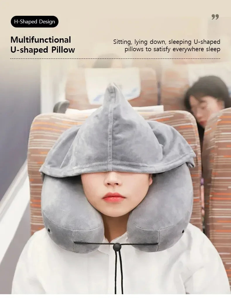 Neck Pillow Travel U-shaped Pillow Inflatable Pillow H Hooded Nap Pillow Outdoor Car Long-Distance Aircraft Neck Pillow