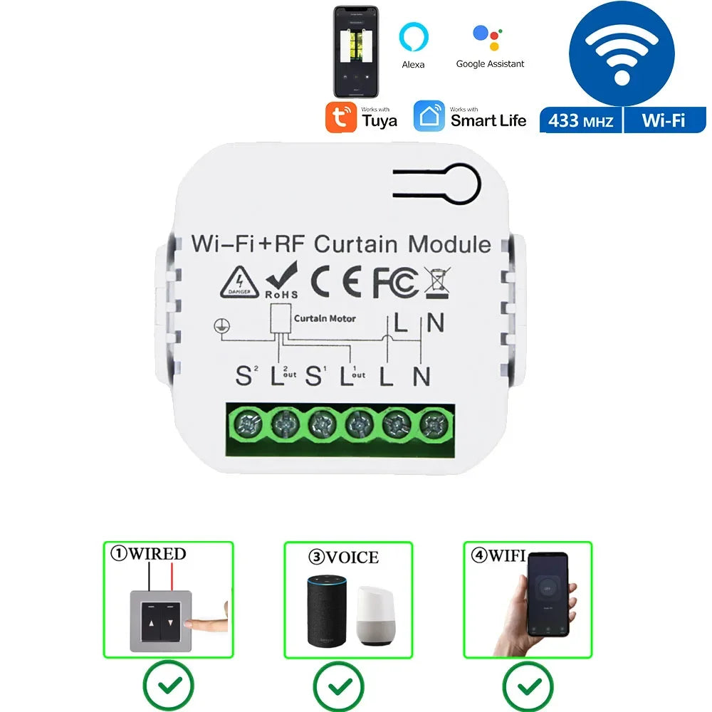 Smart WiFi RF Curtain Switch Module Wireless 433MHz 5 in 1 Remote Controller,110V 220V 240V for Roller Shutter Garage Tuya Alexa