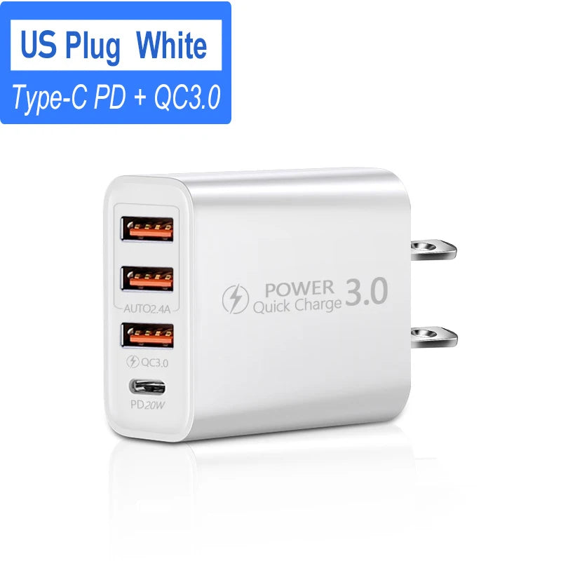 شاحن USB-C متعدد المنافذ بقدرة 60 واط، مزود بـ 4 منافذ، منها 3 منافذ USB PD، يدعم الشحن السريع، وشاحن جداري عالمي للسفر.