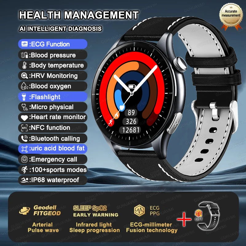 2025 New NFC+ECG+PPG Health Smart Watch BMI Fat Heart Rate Blood Pressure Watch 380mAh BT Call IP68 Waterproof Sports Bracelet