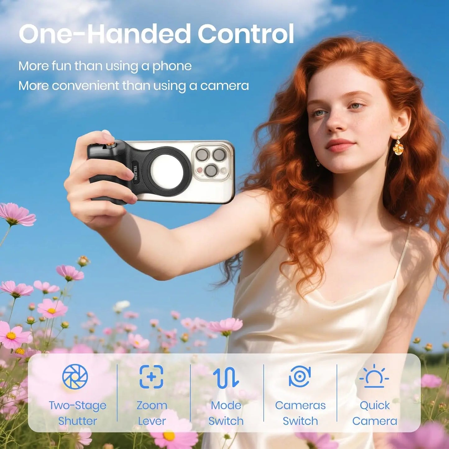 TELESIN Fun Shot Magnetic Phone Camera Grip + C03 Magnetic Selfie Light Bundle Kit Compatible with iPhone & Android