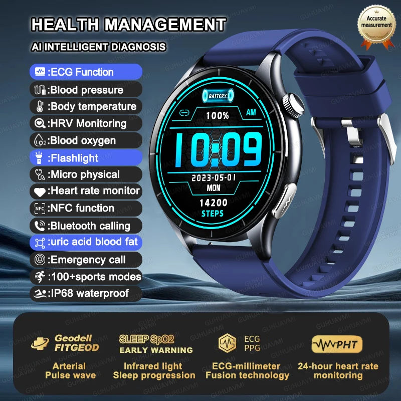 2025 New Health Analysis ECG+PPG Smart Watch Body Fat Uric Acid Blood Pressure Heart Rate Tracker NFC Smartwatch For Android IOS