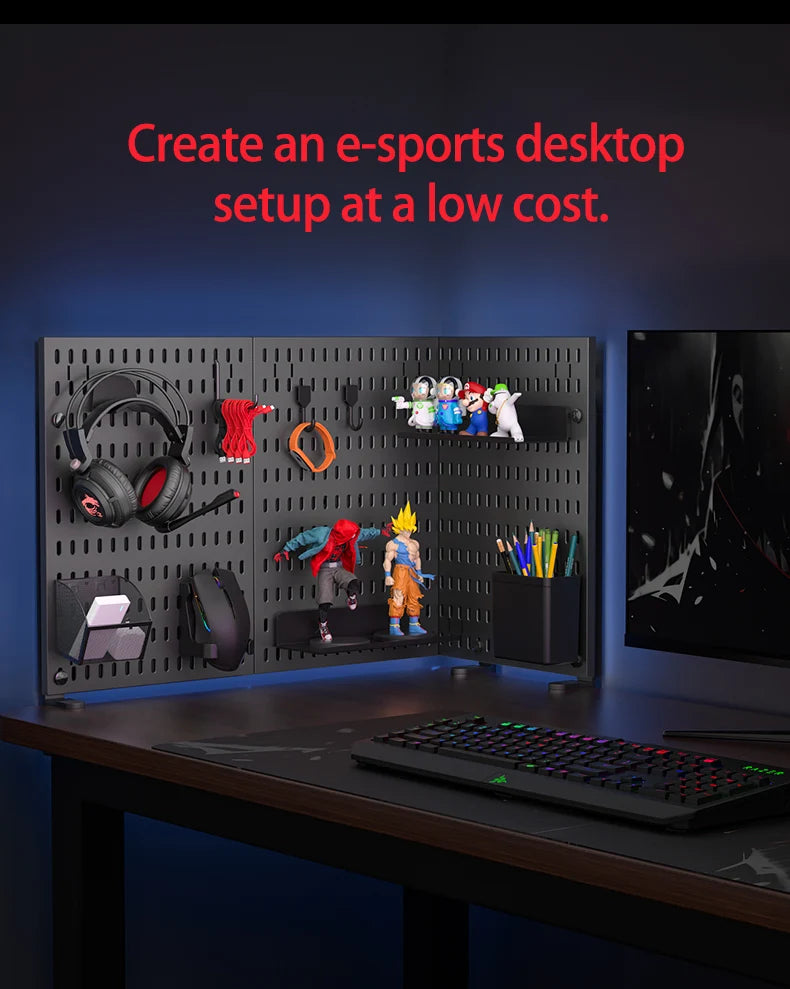 Desktop pegboard storage kit: Stand-up clip - on panels, perfect for home office and study storage.