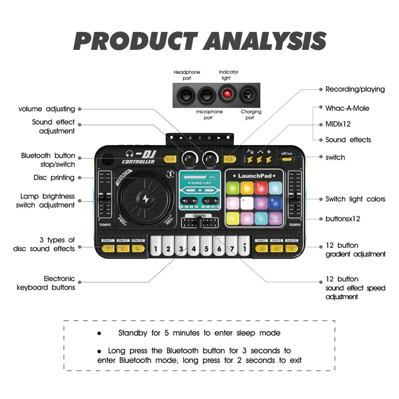 Kid Electricity DJ Mixer with Microphone Electronic Piano Keyboard DJ Turntable Controller Turntable Instrument Kid Birthday Gif