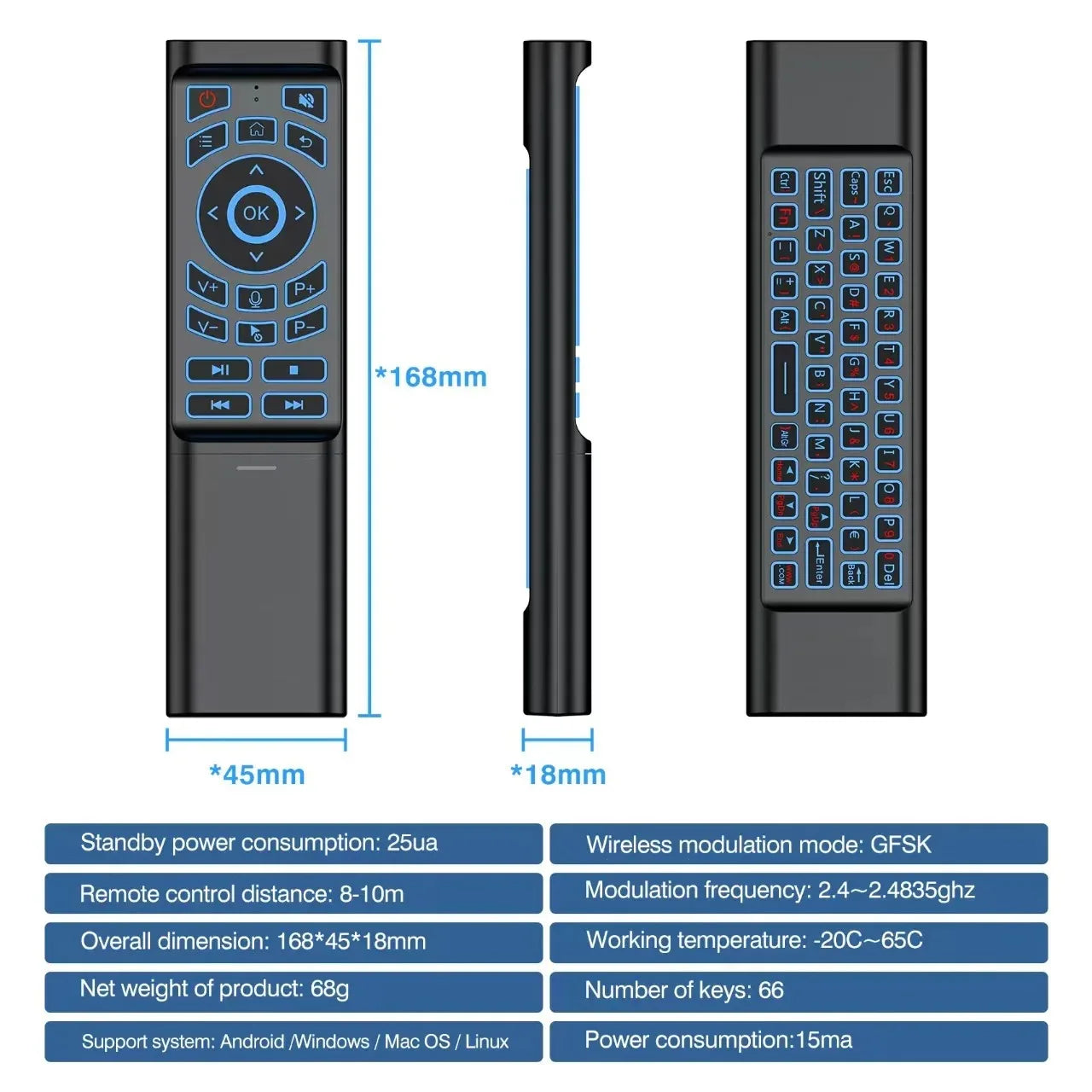 Air Mouse Remote Control Gyroscope 7 Color Backlit Dual Mode BT5.2 2.4G Wireless Keyboard Mouse For PC Android Smart TV Box