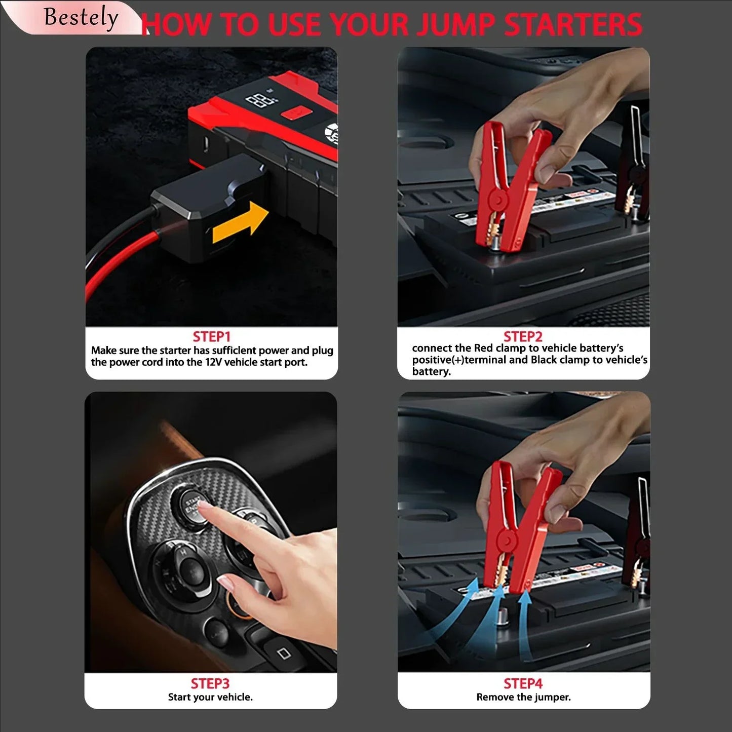 Bestely-12V-99800mAh-3000A Car Jump Starter Car Battery Starters Portable Power Bank 12V Starting Device Petrol Diesel Car