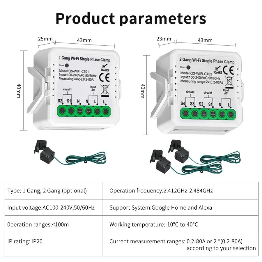 Tuya Smart Energy Monitor WiFi Energy Meter Dual Channel 80A Current Transformer Power Production Consumption Monitor Smart Home