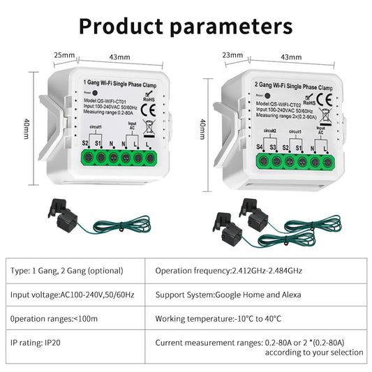 Tuya Smart Energy Monitor WiFi Energy Meter Dual Channel 80A Current Transformer Power Production Consumption Monitor Smart Home