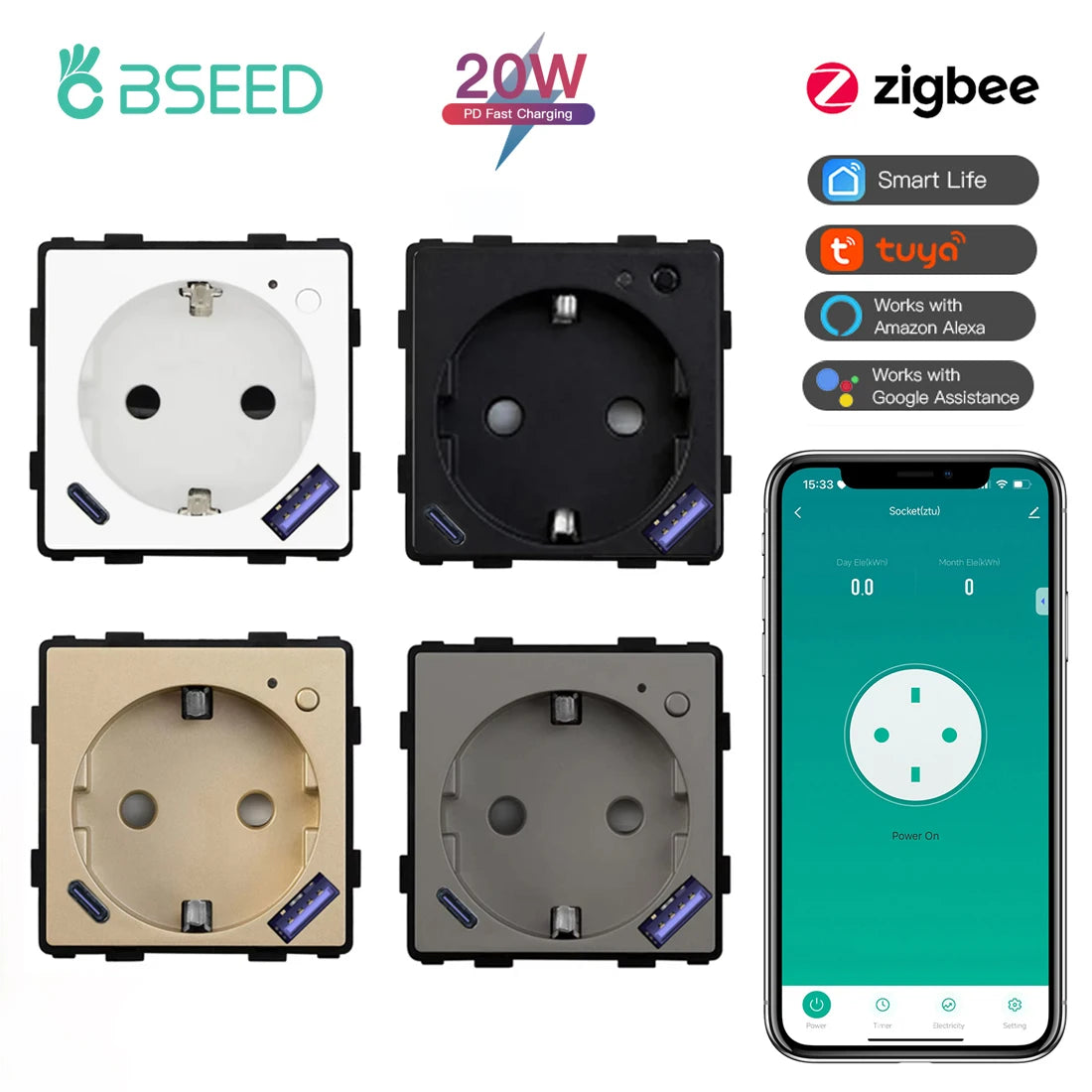 Умная розетка BSEED Zigbee с монитором мощности и разъемом USB Type-C, детали для самостоятельной сборки, быстрая зарядка 20 Вт, управление через приложение Tuya Smart Life и Alexa.