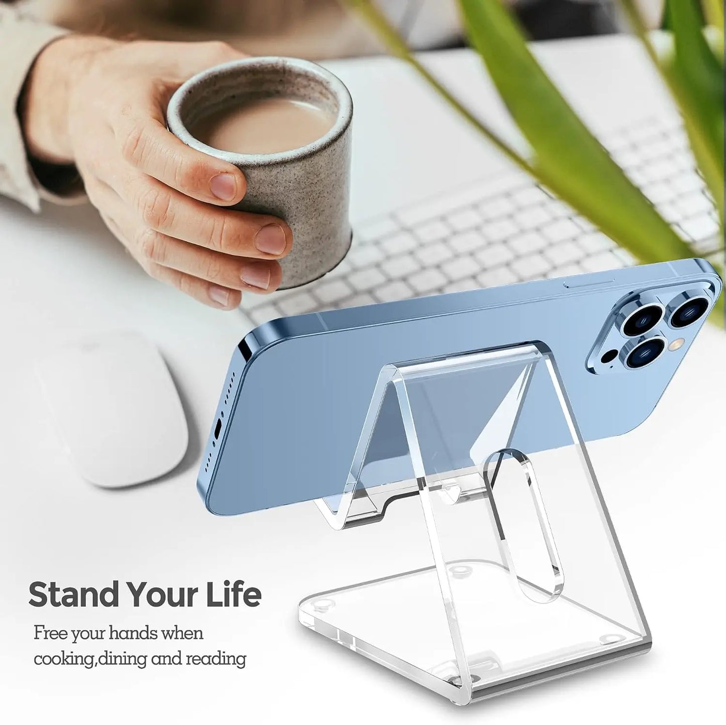 Acrylic Cell Phone Stand, Transparent Phone Stand for Desk, Suitable for iPhone 14 13 Pro Max, All Smartphone 4-8in