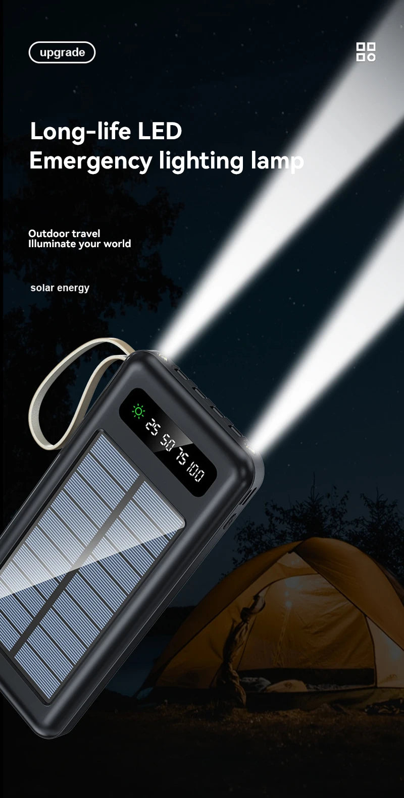 بنك طاقة شمسي بسعة 50000 مللي أمبير، بطارية شحن سريع، كابلان USB 4، شاشة عرض رقمية LED، متوافق مع أجهزة iPhone