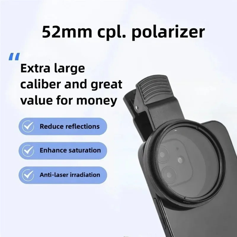 Circular Universal Polarizer Camera Lens Clip 52MM Portable CPL Filter Kit for IPhone 16 15 14 13 Professional Phone Camera Lens