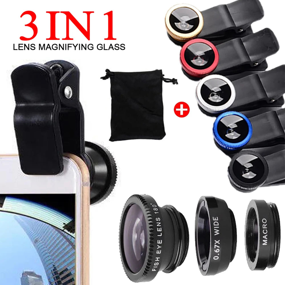 3 in 1 Fisheye Phone Lens 0.67X Wide Angle Zoom Lens Fish Eye Macro Lenses Camera Kits With Clip for iPhone Xiaomi Smart Phone