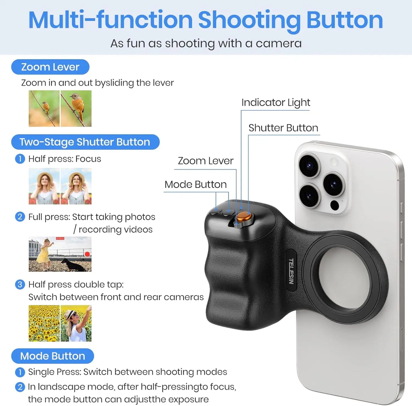 TELESIN Fun Shot Magnetic Phone Camera Grip + C03 Magnetic Selfie Light Bundle Kit Compatible with iPhone & Android