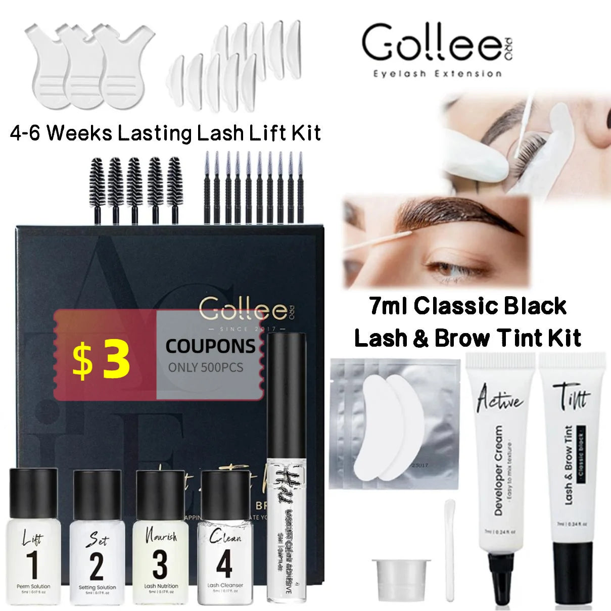 Gollee Classic Black Natural Eyelash Lifting Perm Treatment Makeup Set Lash and Brow Tinting Kit Easy For Beginner at Home