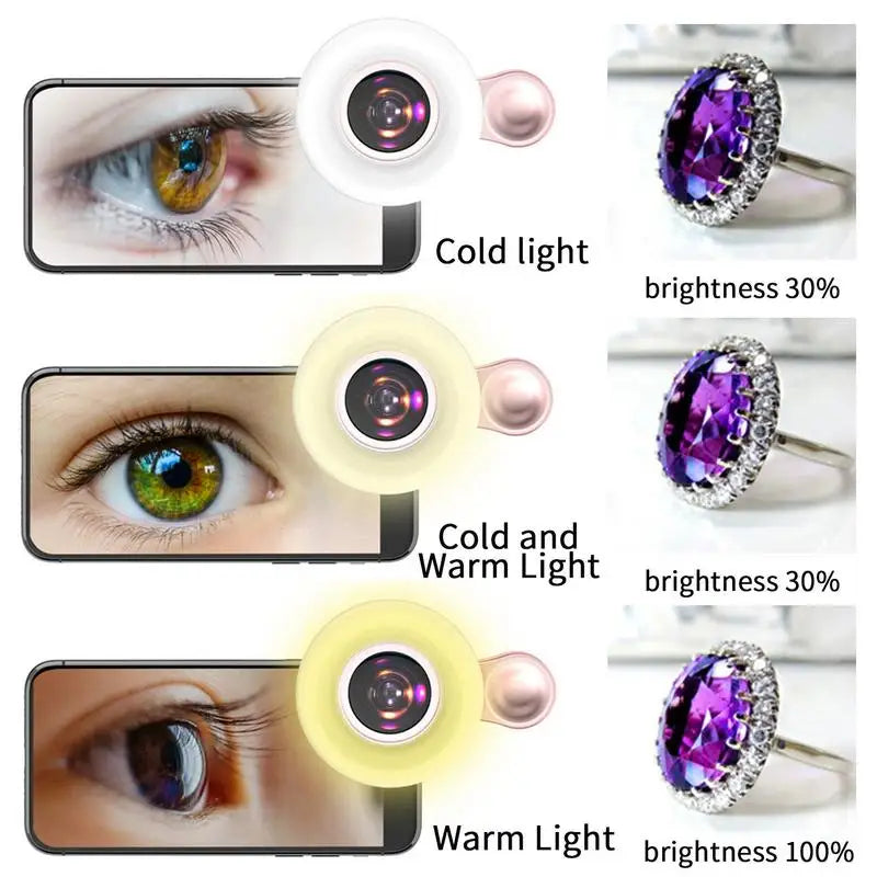 Macro Lens for Mobile 20X Fill Ring Light Selfie Live Lamp Camera Lens with LED Universal Flash Smartphone Portable Light Clip