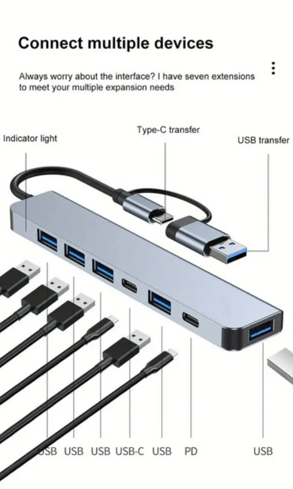 USB 3.0 HUB Type C to 7 Ports USB HUB USB3.0 Adapter Multi Splitter High Speed 5Gbps With PD USB C For Macbook Pro Air PC Laptop