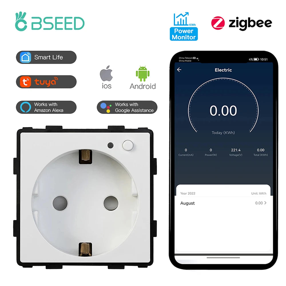 BSEED Zigbee Smart Socket EU Power Monitor Outlet DIY Function Parts Work With Tuya Smart Life Alexa App Indicator Wall Mounted