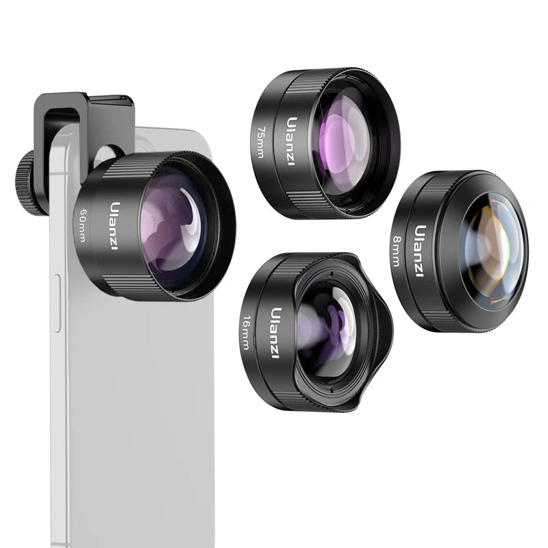 Ulanzi Universal Mobile Lens 75mm Macro/8mm Fisheye/16mm Wide-Angle/60mm Telephoto Phone Lens for Photography Videography