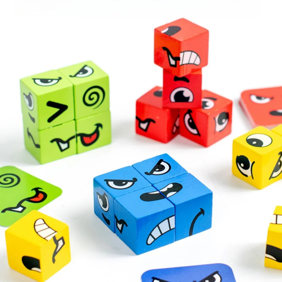 Kids Emotions Expression Game Wooden Cube Face Changing Board Cartoon Puzzle Toy Montessori Thinking Challenge Games