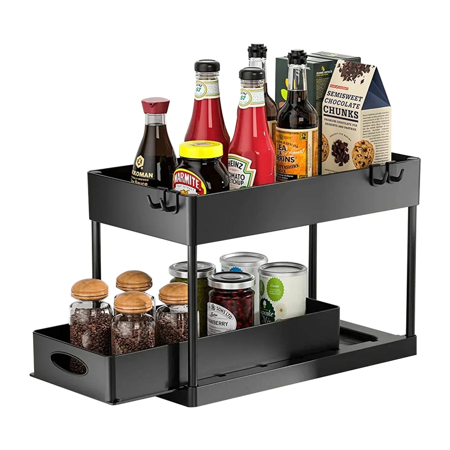 New 2 Tier Under Sink Organizer Sliding Cabinet Basket Organizer Storage Rack with Hooks Hanging Cup Bathroom Kitchen Organizer