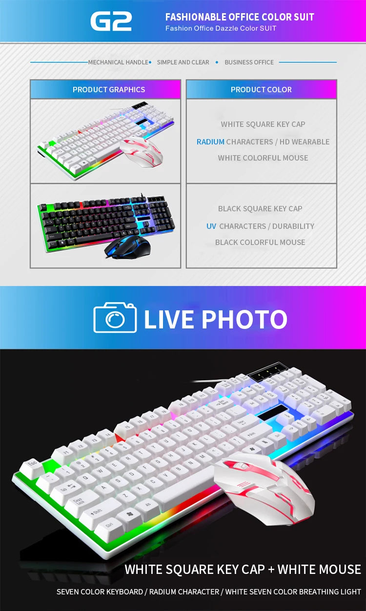 Игровой комплект: клавиатура и мышь с RGB-подсветкой, 104 клавиши, проводная клавиатура и мышь для ноутбука, настольного ПК, планшета.