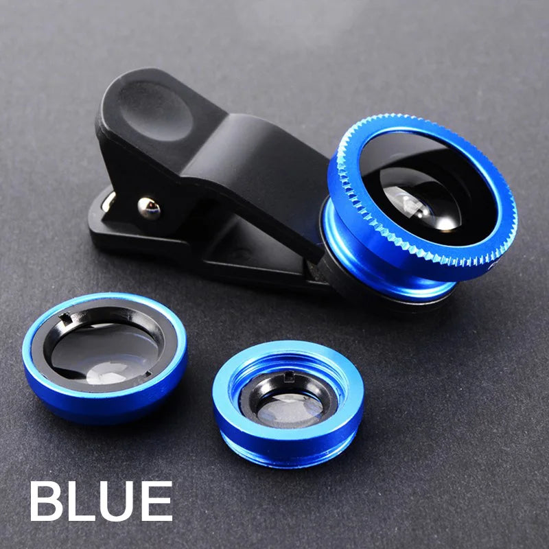 3 in 1 Fisheye Wide Angle Micro Camera Lens for iPhone 0.67X Wide Angle Zoom Fish Eye Len on Smartphone Lenses with Phone Clip