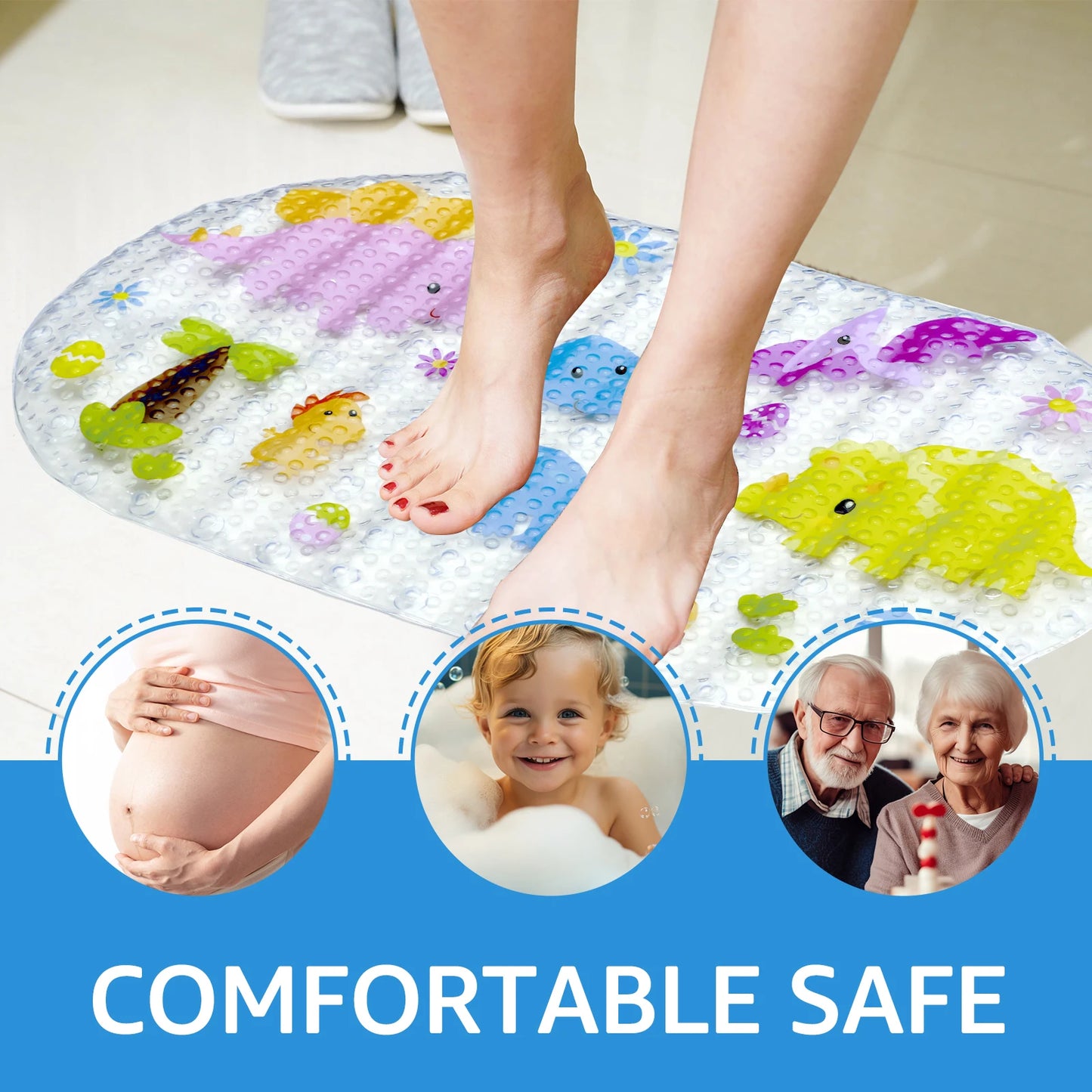 Kids Cartoon Non Slip Bathroom Mat PVC Baby Bath Mat with Suction Cup 69x39cm Oval Baby Bathroom Shower Mat for Household Bath
