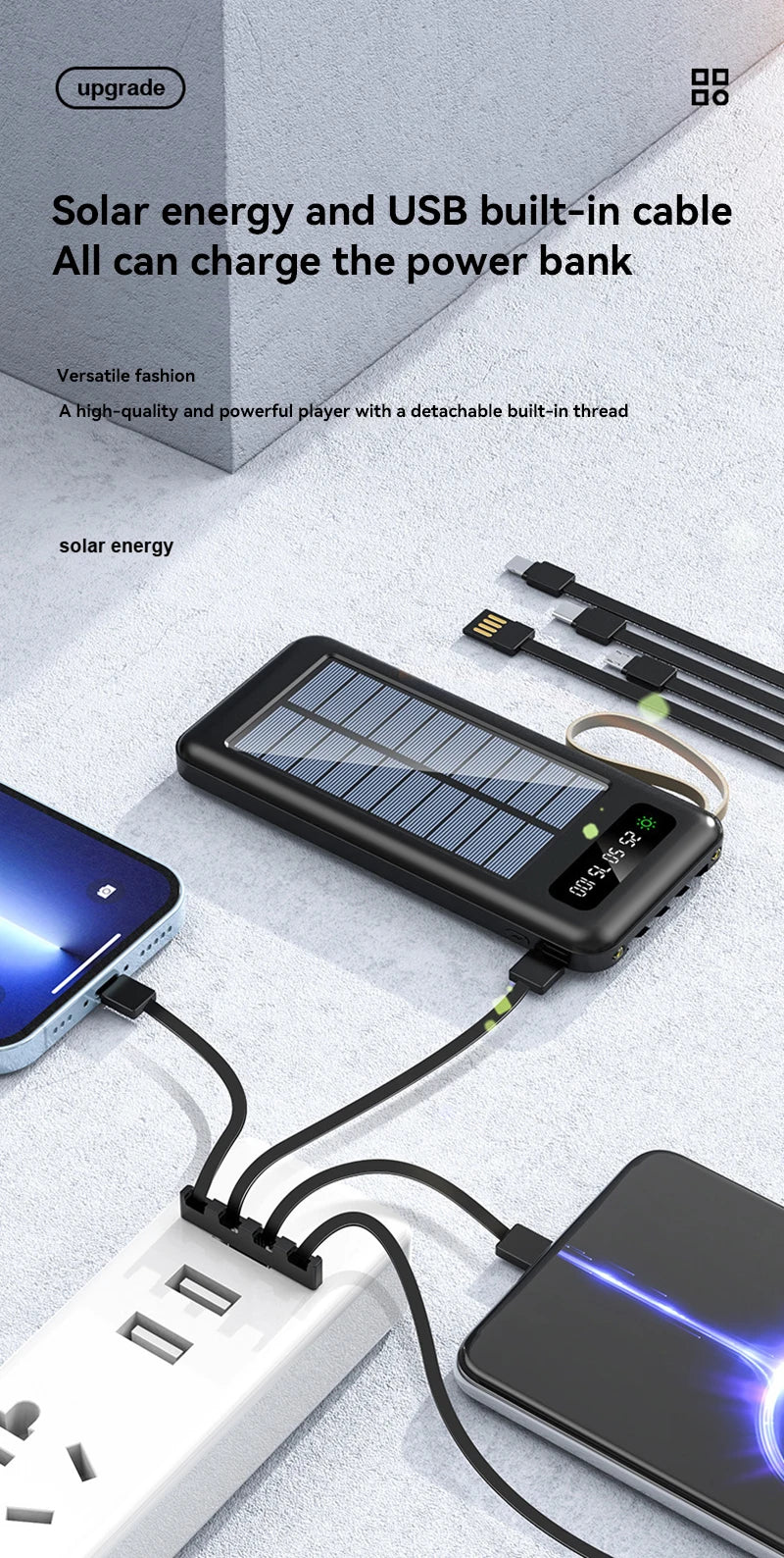 بنك طاقة شمسي بسعة 50000 مللي أمبير، بطارية شحن سريع، كابلان USB 4، شاشة عرض رقمية LED، متوافق مع أجهزة iPhone