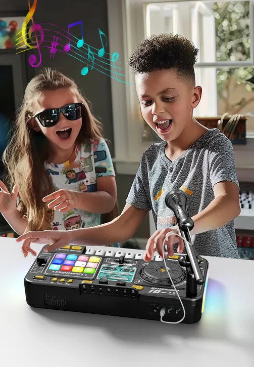 Kid Electricity DJ Mixer with Microphone Electronic Piano Keyboard DJ Turntable Controller Turntable Instrument Kid Birthday Gif