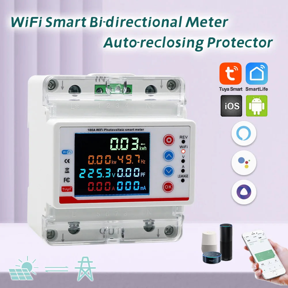 Tuya Smart Life  WiFi Single Phase 100A Energy monitor Two-way Prepaid Meter Auto-reclosing Voltage Current Protector Timer
